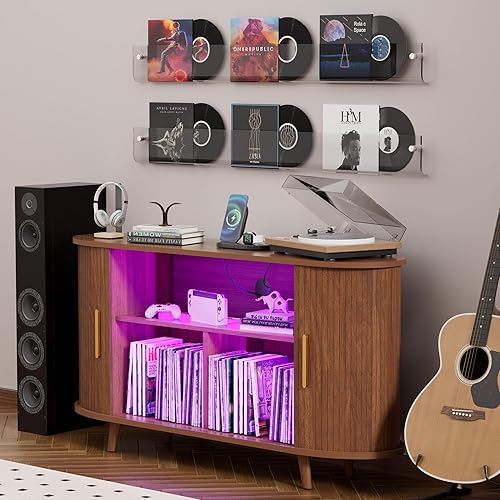 Miniatura 4 de Soporte para tocadiscos de vinilo con luces LED y estación de carga, soporte grande para discos con puerta corrediza para tocadiscos, altavoces,