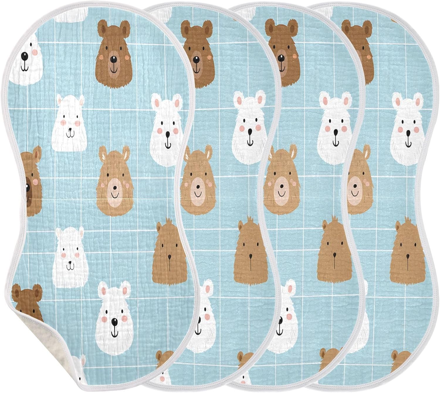 Cute Cartoon Animal Bears Pattern Baby Burp Cloths -4Pcs Soft Absorbent Muslin Washcloths Bibs Face Towel for Newborn Boys Girls 22 x 11 Inch