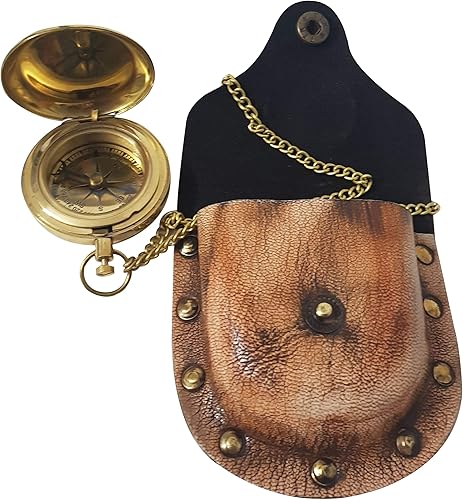 Miniatura 2 de Brújula Delvy de latón auténtico con cadena y funda de piel para navegación, brújula de bolsillo