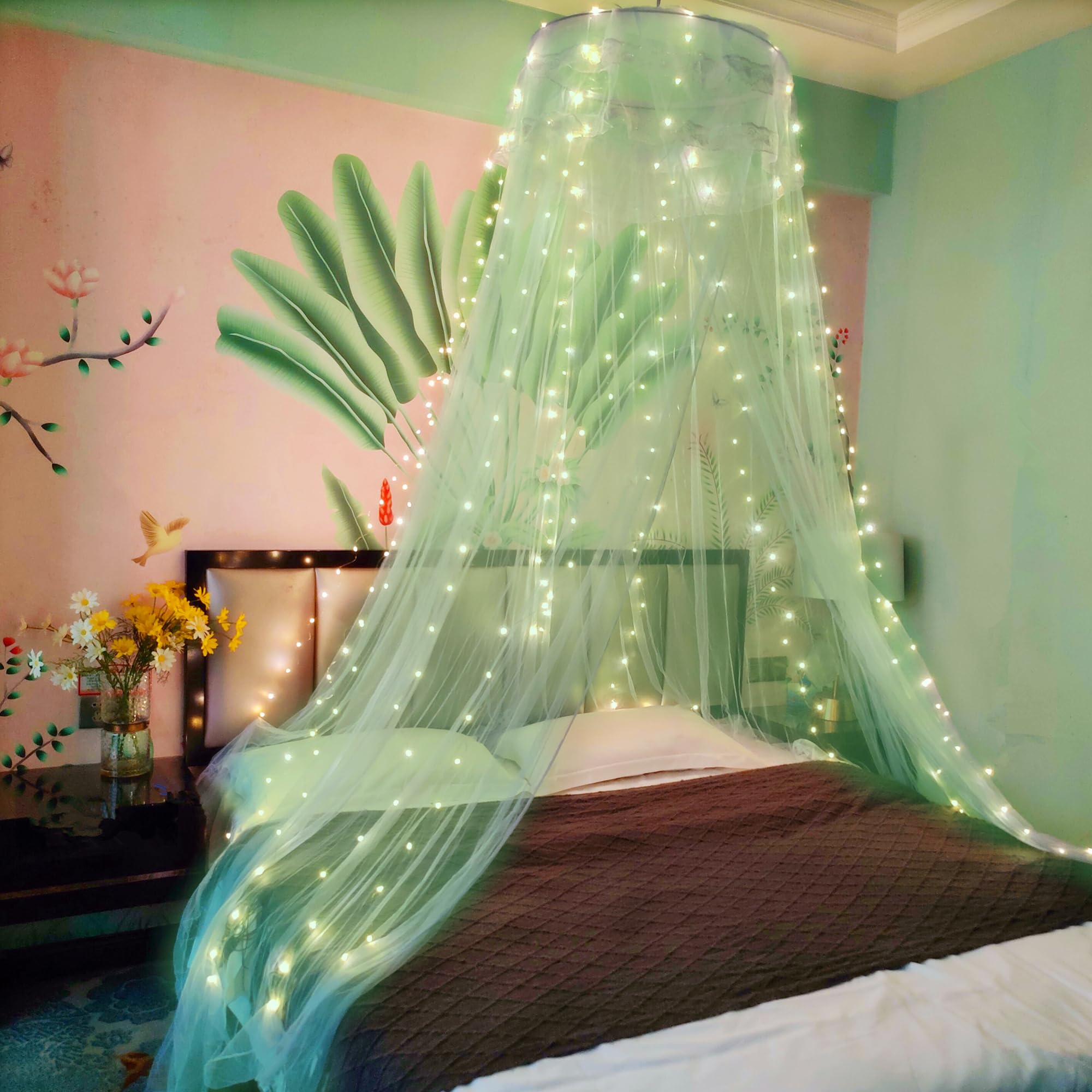 Eimilaly Lace Bed Canopy Mosquito Netting with Warm Lights, Princess Bed Canopy for Girls Room Decor Green/Single Door