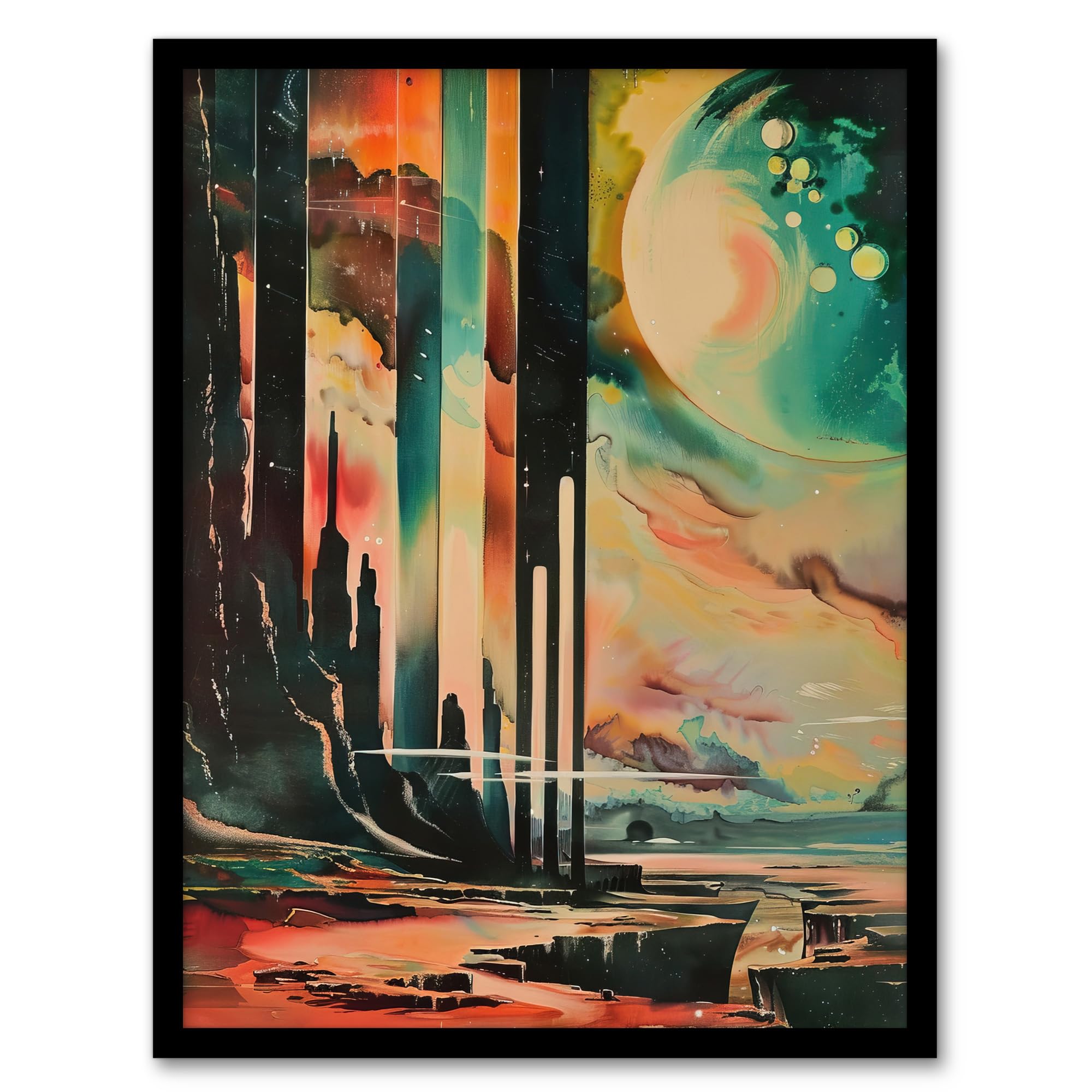Artery8 - Framed Art Print - Retro Sci-Fi Cliff by Moon Artwork - Galaxy Fantasy - A4