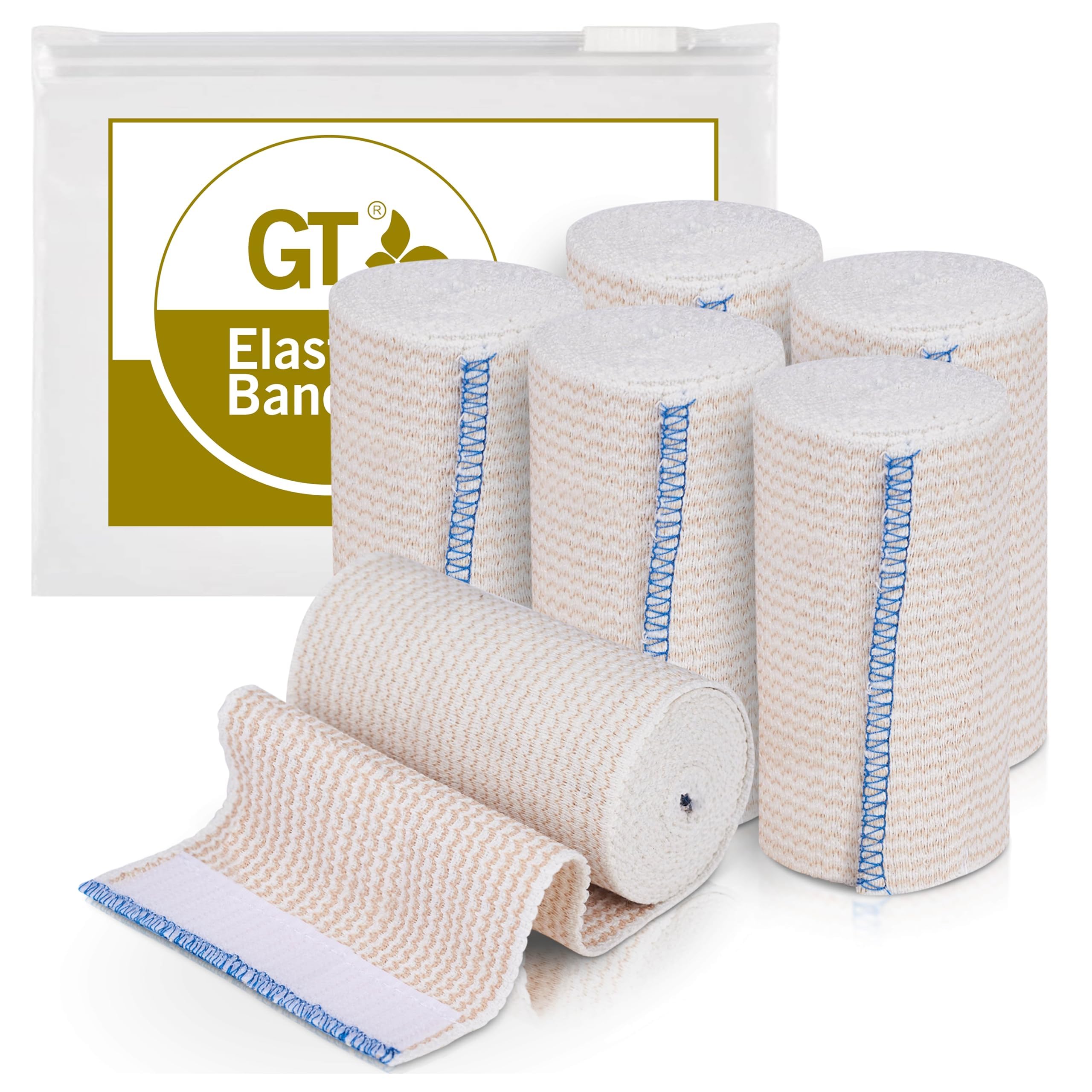 Premium Elastic Bandage Wrap (4" 6 Pack) - Hook & Loop Fasteners at Both Ends - Latex Free Hypoallergenic Compression Roll - Reusable Bandages for