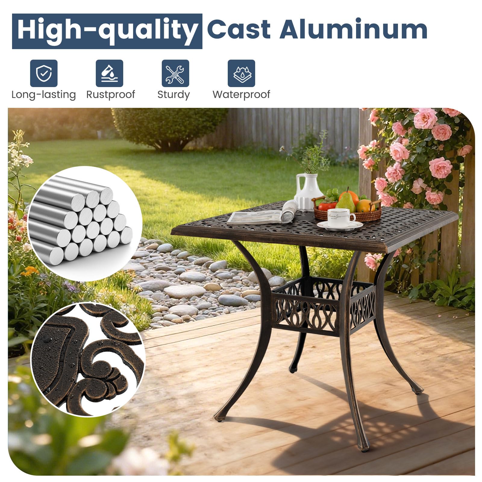 GIANTEX Gartentisch, Balkontisch 80 cm, Bistrotisch mit φ5 cm Schirmloch, Terrassentisch aus Gussaluminium mit verstellbaren Füßen, Esstisch wetterfester, Kaffeetisch für Garten (Quadratisch)