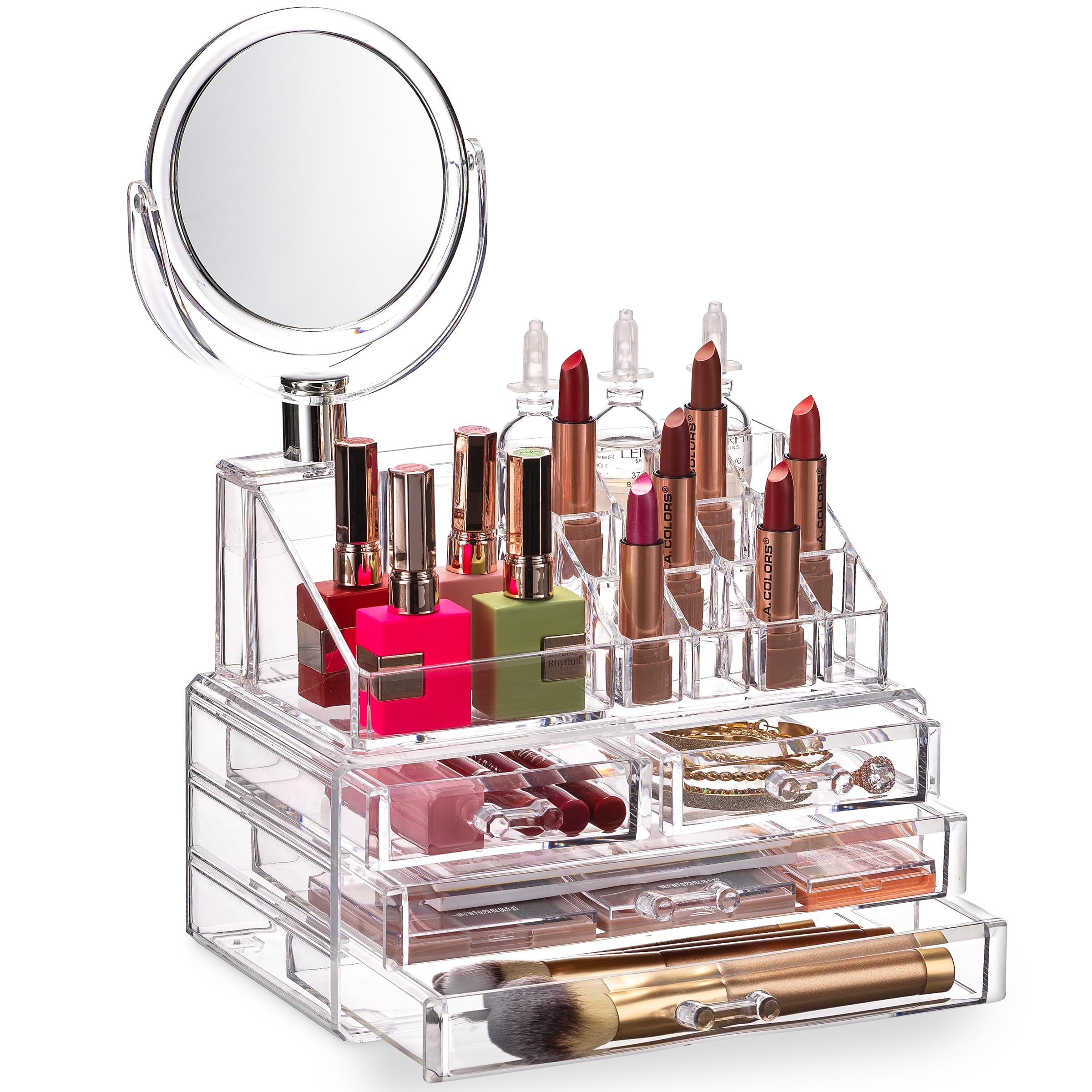 Masirs Clear Makeup Organizer with Mirror – 16-Compartment Cosmetic and Jewelry Holder, 4-Drawer Vanity Storage, Elegant Clear Design for Makeup and Accessories
