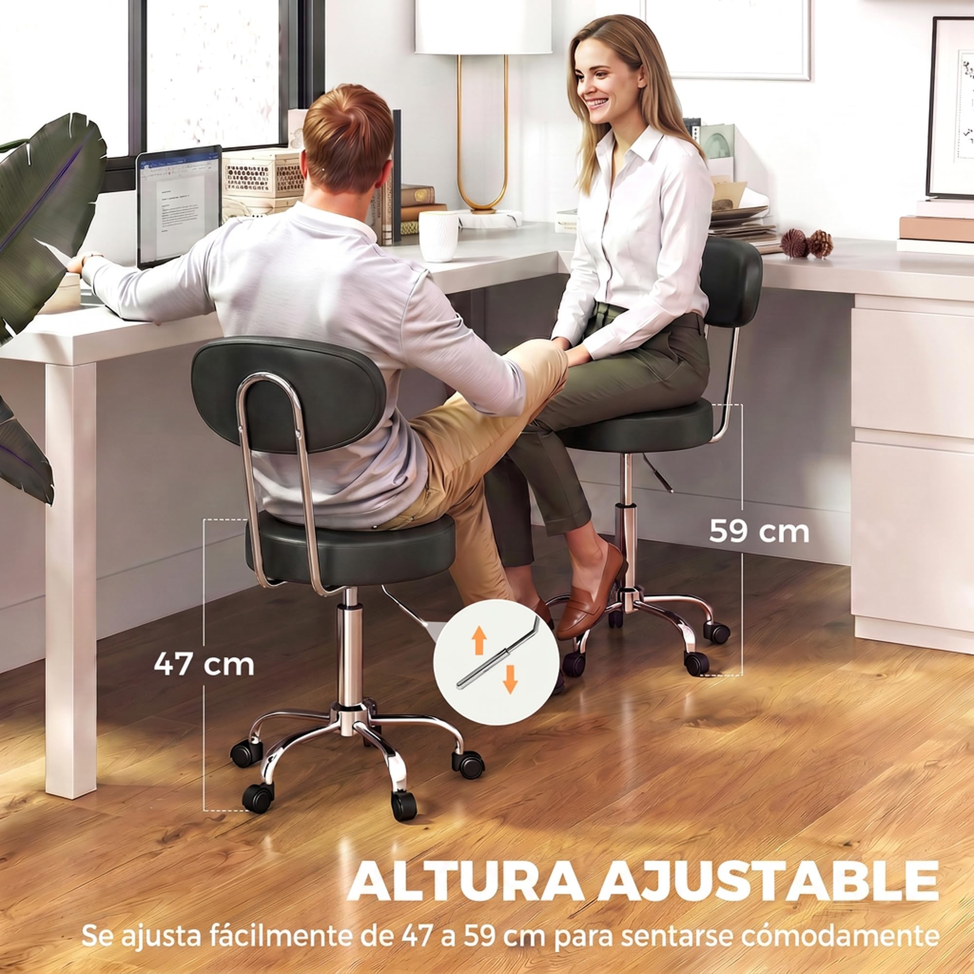 HOMCOM Taburete con Ruedas, Altura Regulable con Asiento Acolchado Negro