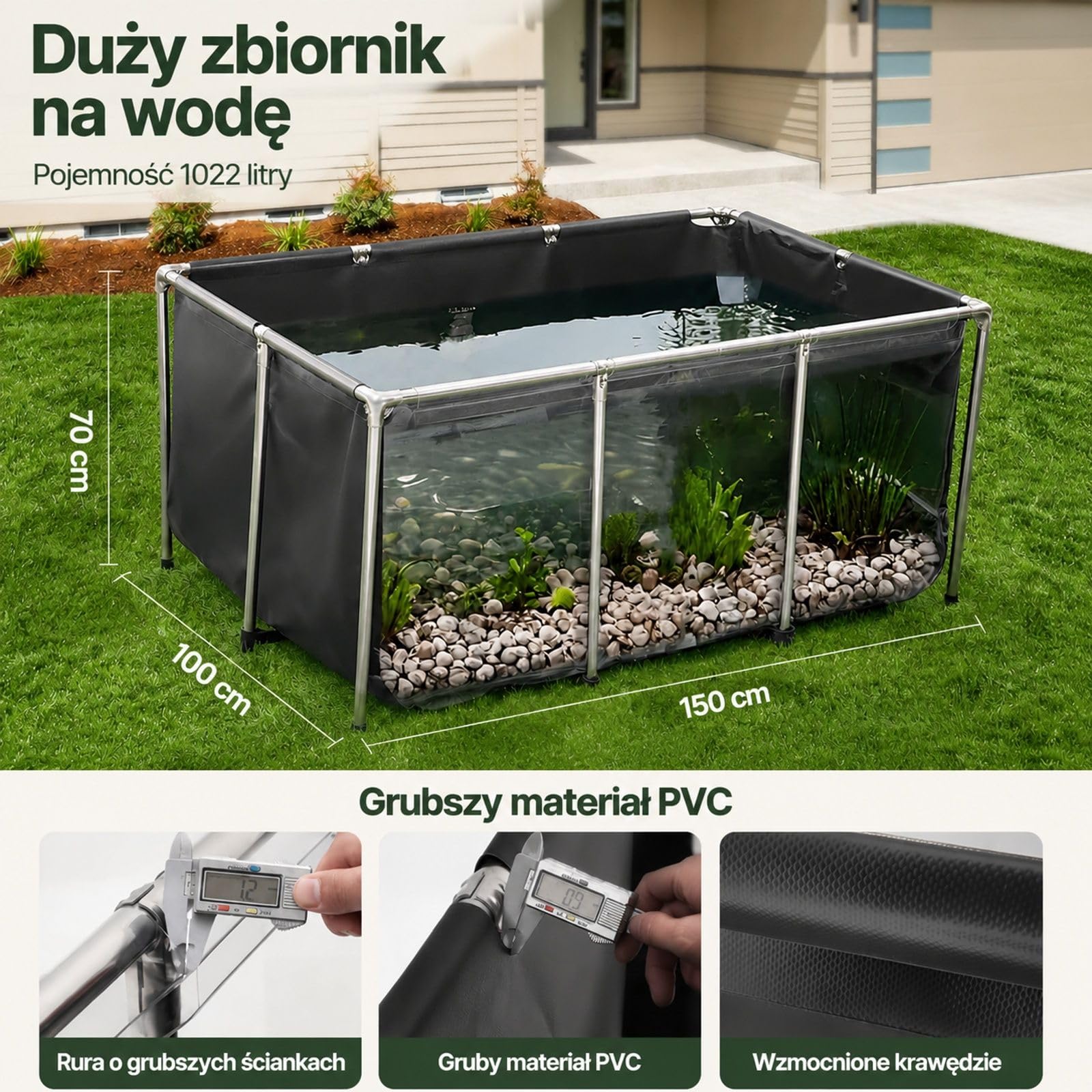 Naziemny zbiornik dla ryb 1023,3 l, czarny staw z PVC z przezroczystym okienkiem, stalową ramą i zaworem spustowym, do koi i złotych rybek