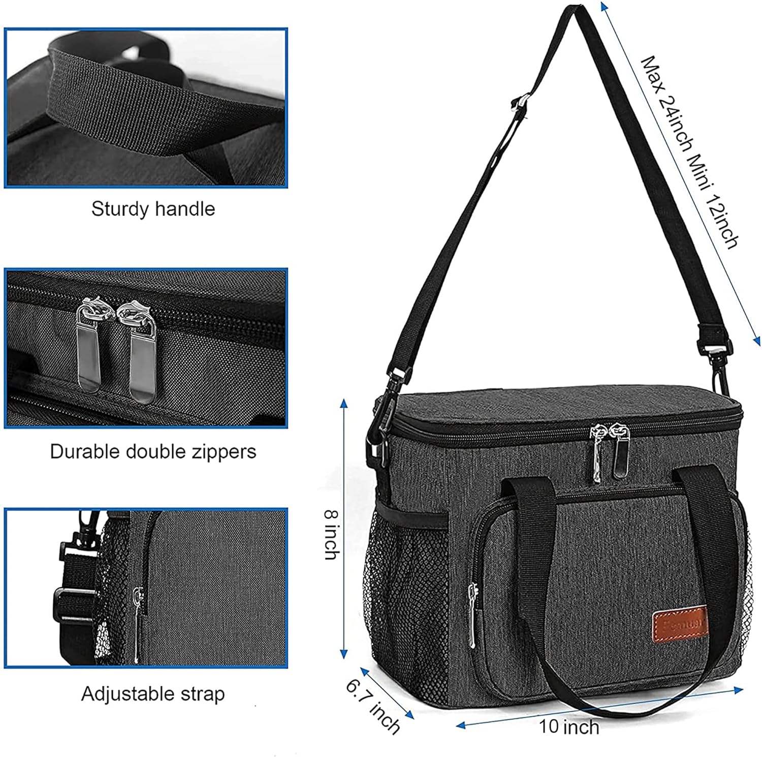 Femuar Lunch Bags for Women/Men, Insulated Lunch Bag for Work Office Picnic - Lunch Cooler Bag Leakproof Lunch Box with Adjustable Shoulder Strap - Charcoal - Image 4