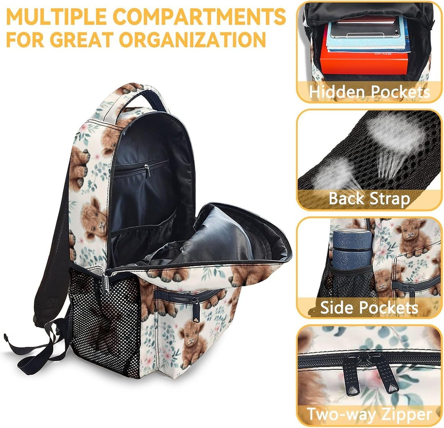 Highland Cow School Backpack for Boys Girls - 16 Inch Backpacks for Kids 6-12 Years - Cute Lightweight Bookbag for Travel