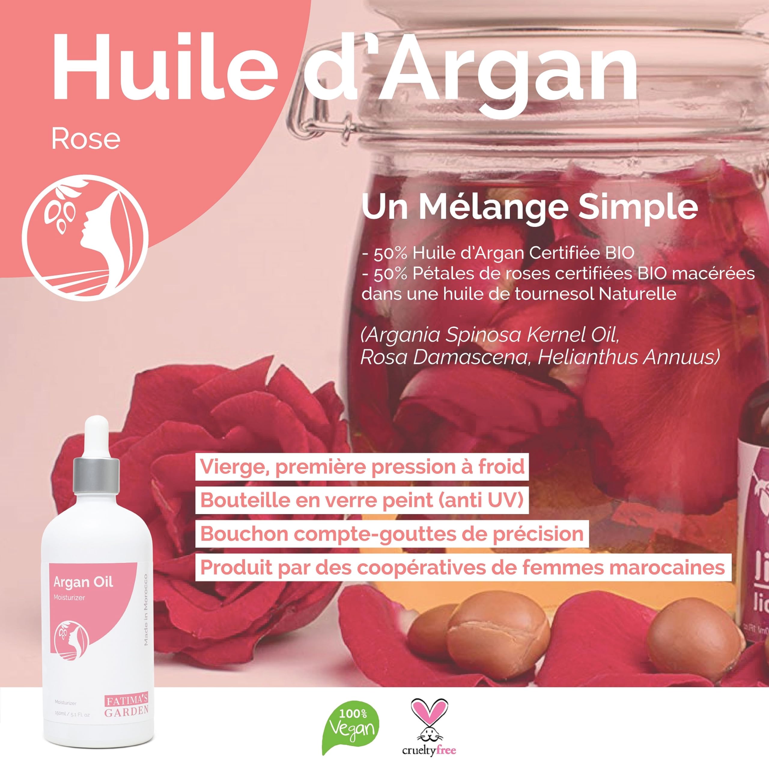 Fatima's Garden Huile d'Argan aux Pétales de Rose - Hydratant Anti-Âge Bio, 150ml