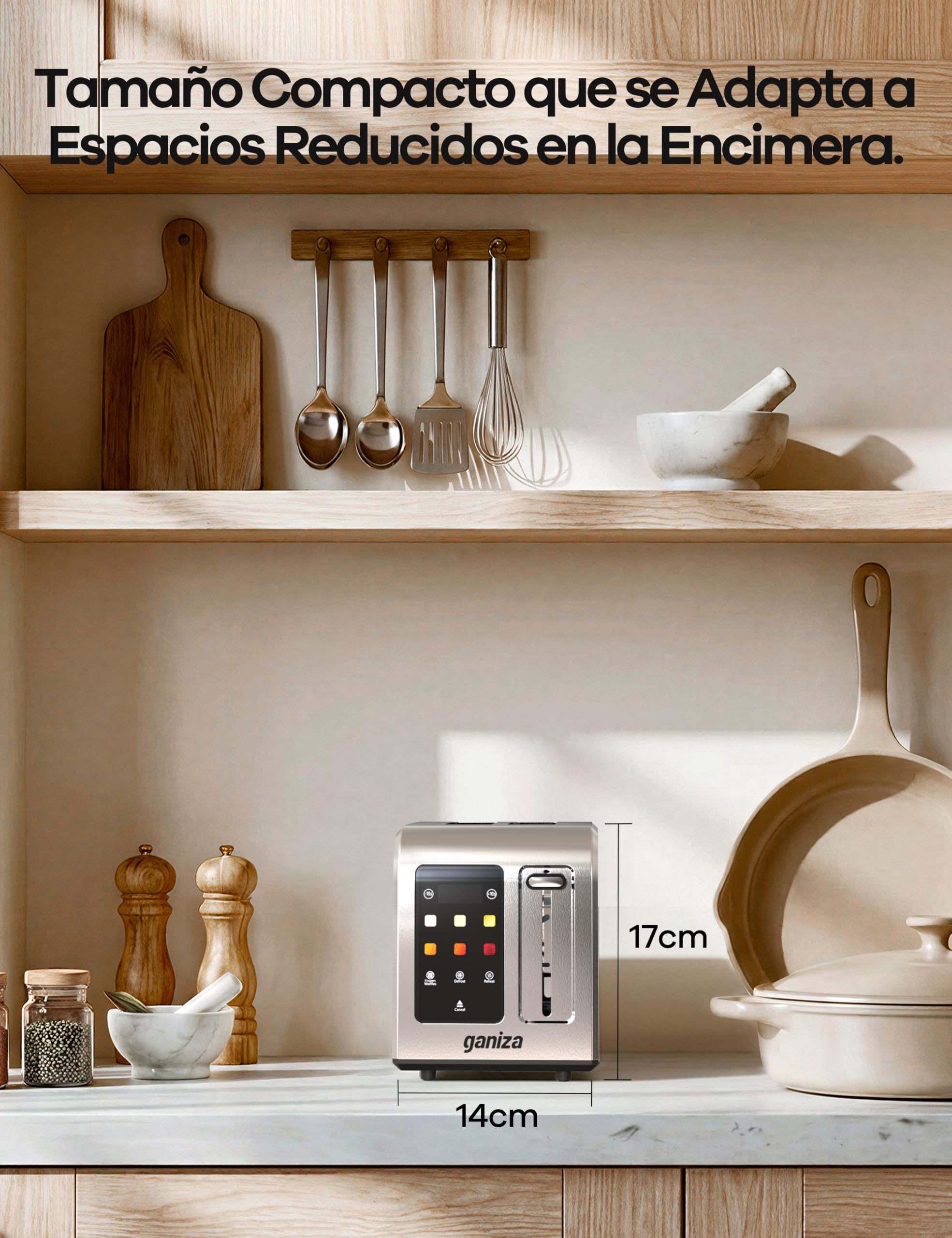 Ganiza Tostadora Inteligente para 2 Rebanadas, Acero Inoxidable con Pantalla Táctil, 6 Niveles de Tostado,Temporizador Digital, Ranura Ancha, +/-10 s, Bandeja Recogemigas, 925 W