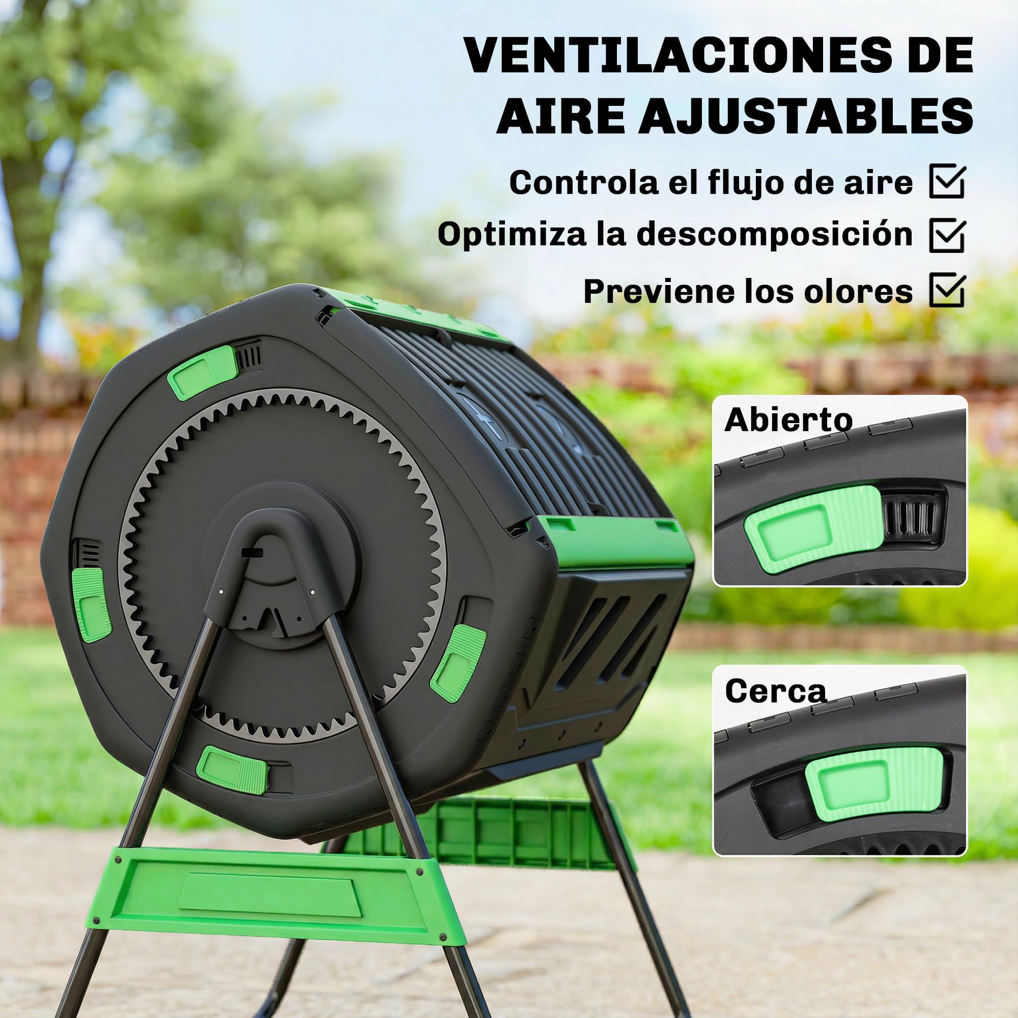 Outsunny Compostador Giratorio de 200L, Contenedor de Compostaje de Jardín de Doble Cámara, Sin BPA, Compostadora con Aberturas de Ventilación, 2 Puertas Deslizantes y Patas de Metal, Verde