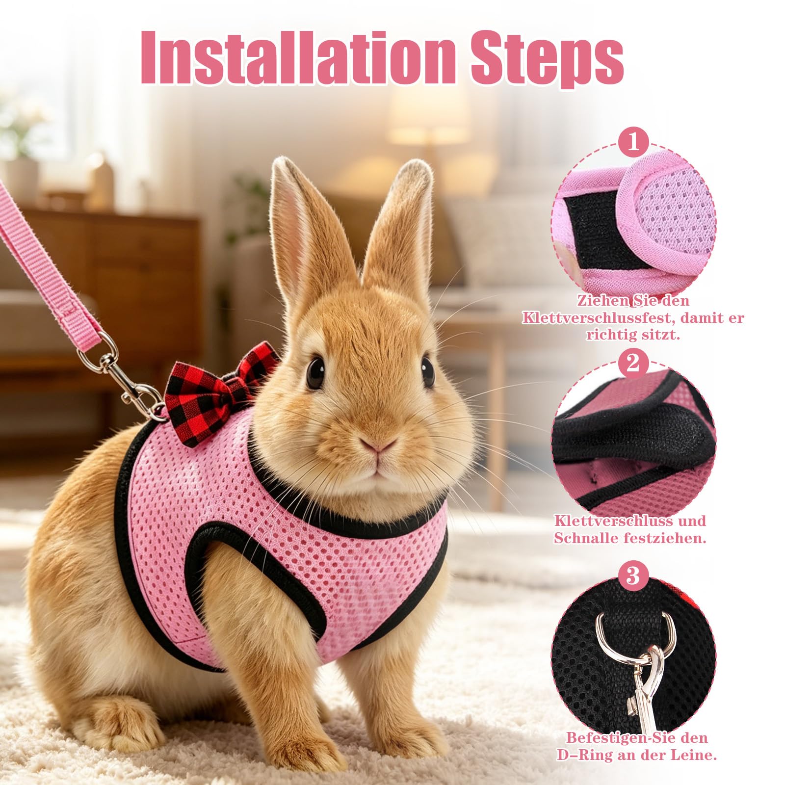Harnais Pour Lapin Avec Nœud Rose Et Laisse, Harnais Lapin Doux Avec Laisse, Harnais Pour Lapin Avec Laisse Pour Petits Animaux, Accessoire