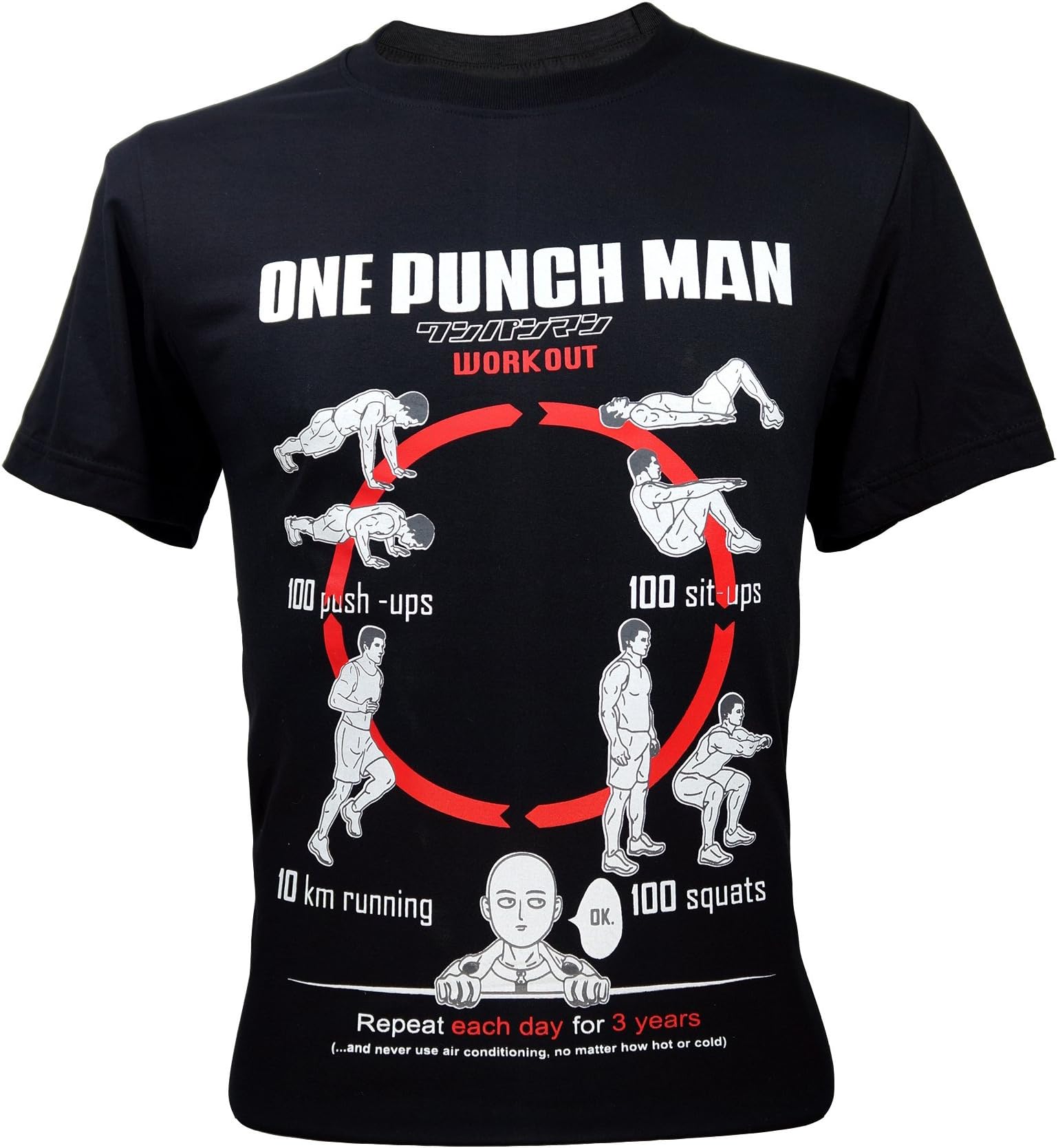 Men's One Punch Man Saitama Workout Training To Be Bald Funny T-Shirt Black Medium