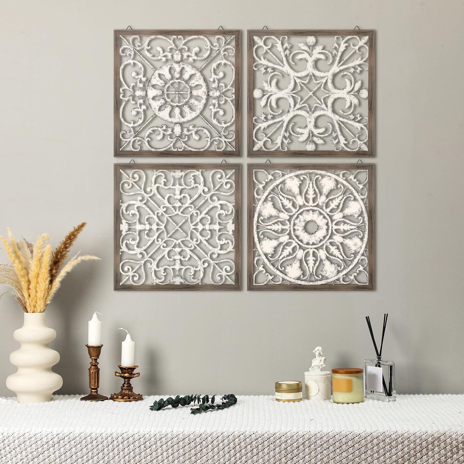 Tatuo 4 Pieces Carved Wood Wall Art Thicken Brown Decor White Farmhouse for Living Room Wooden Decorative Panels Modern Plaque Home Kitchen Dining Bedroom