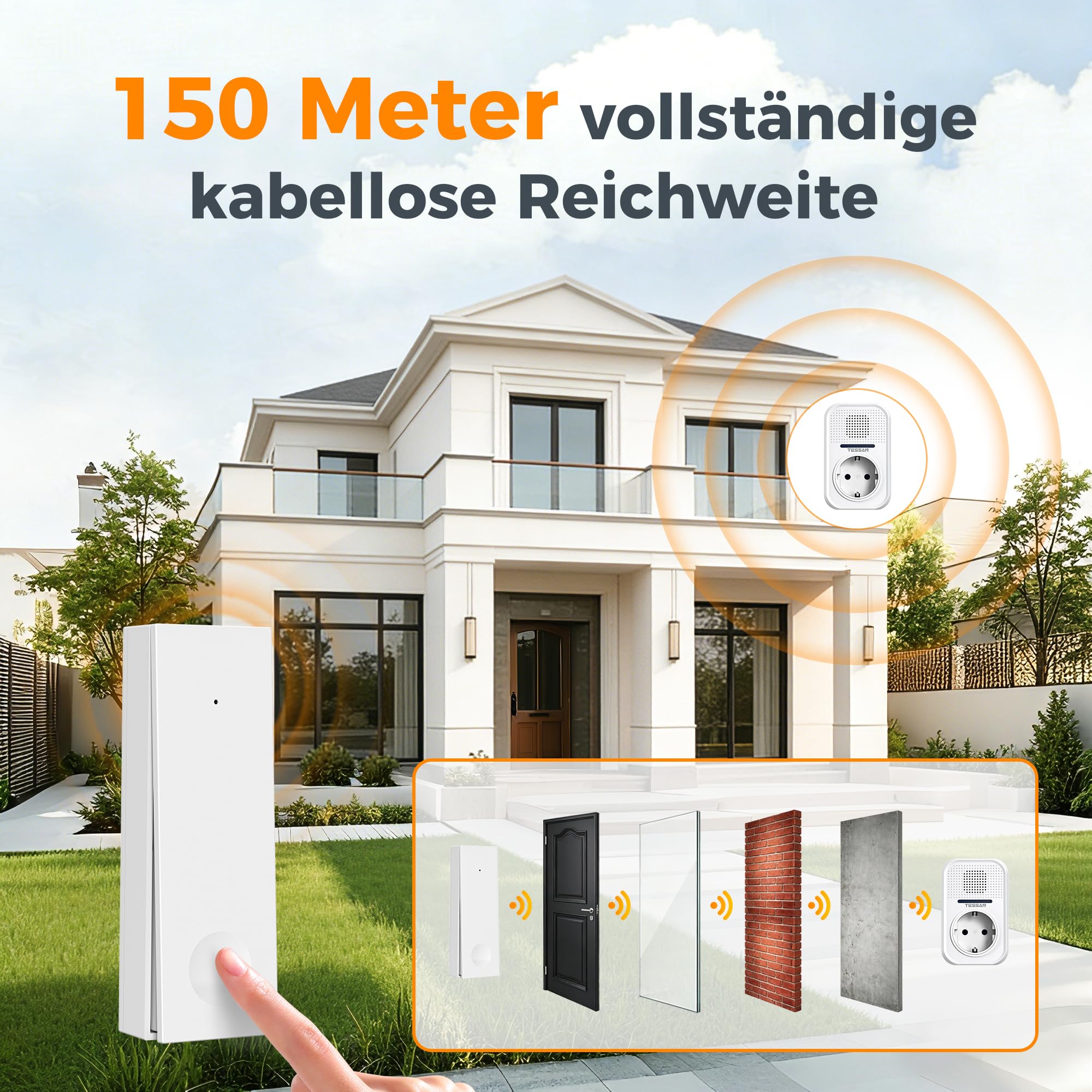 TESSAN Kabellose Türklingel Batterielose, Türklingel Funk mit EU Steckdose, Wasserdicht Klingel Funk mit Steckdosen, Funkklingel mit 4 Lautstärke Stufen, 32 Klingeltöne, 150M