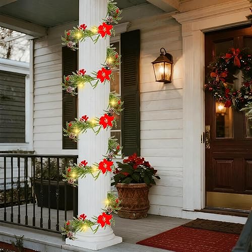 Miniatura 9 de DR.DUDU Guirnalda de Navidad artificial preiluminada de 6 pies con 20 luces LED, funciona con pilas con piñas, bayas rojas, agujas de pino, corona