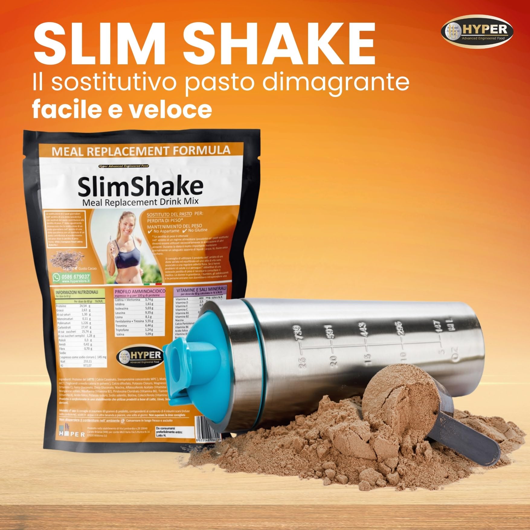 Hyper Slim Shake - Sostituto Pasto Dimagrante gr 3000 Gusto Cacao - Pasto Sostitutivo Dimagrante per Frullati e Shakes Proteici Ideale per Perdita e Controllo del Peso Forma. Made in Italy