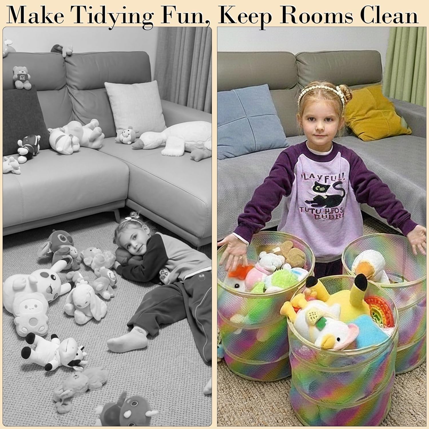 3 PCS Stuffed Animal Storage - Reinforced Steel Wire for Instant Rebound, Easy Foldable Rainbow Breathable Mesh Net for Bedroom & Playroom