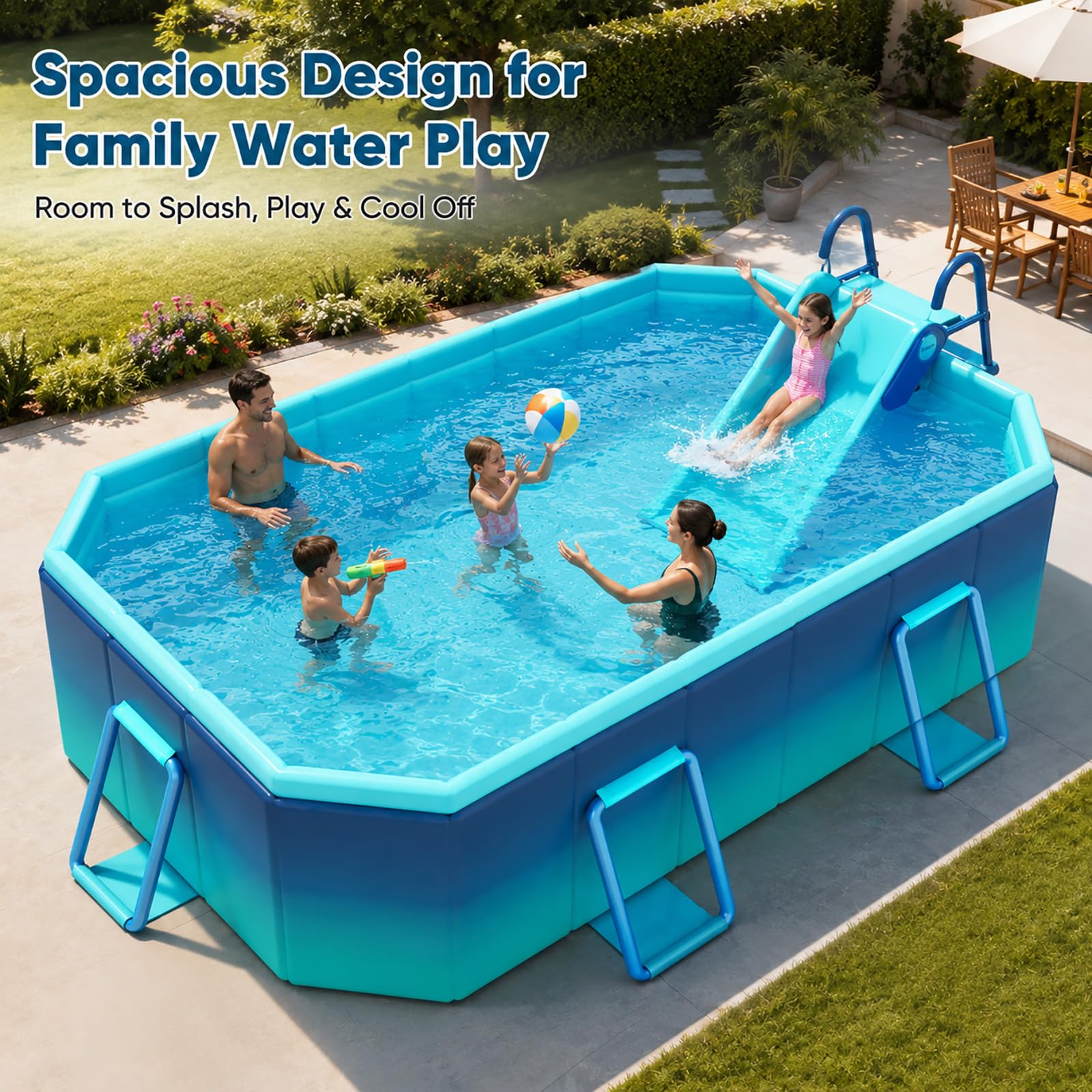 Grande Piscina Fuori Terra Rettangolare con Scivolo Familiare | Piscina da Giardino Esterna con Pareti Resistenti e Scala Sicura(3m/118in)