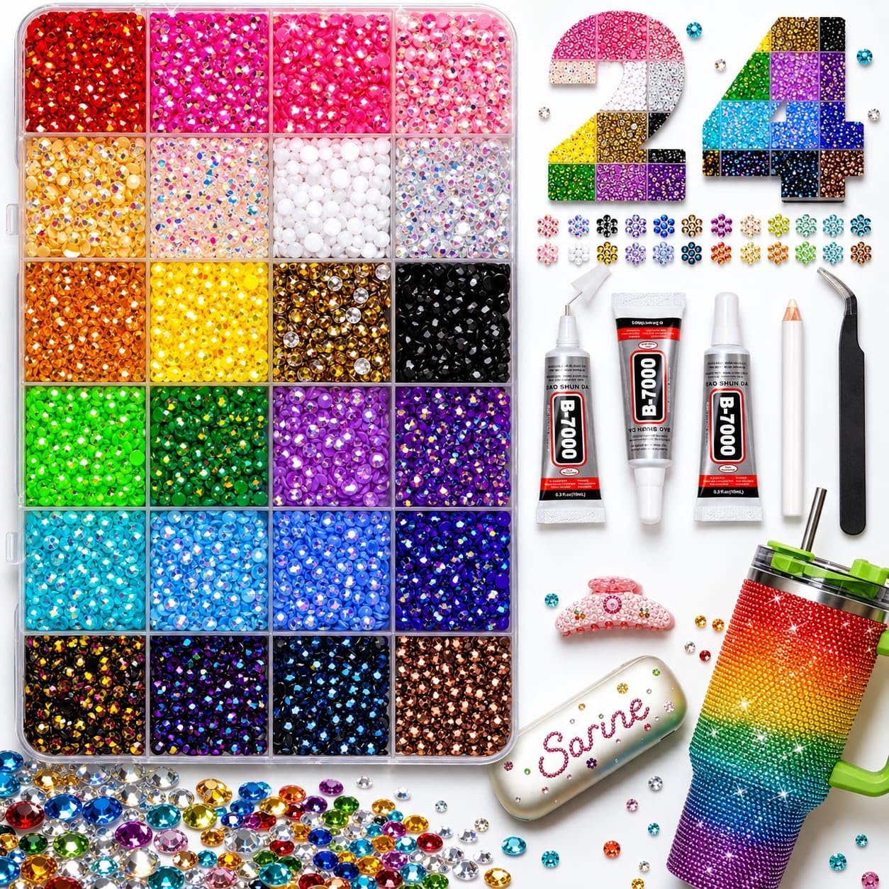 24000Pcs Jelly Rhinestones Bedazzling Kit, Multicolor 3mm Flatback Resin Bedazzler Gems with 3Pcs 10ml B7000 Jewelry Glue for Bedazzled Thing Diamond Art Book Crafting Nail Art