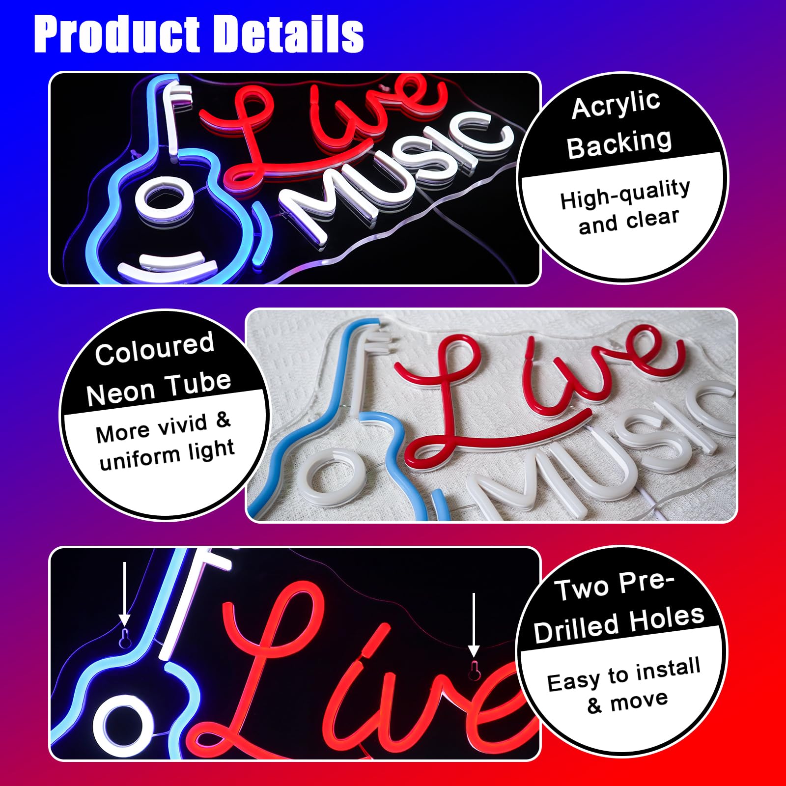 Live Music Música Neon Cartel Led Neón Pared Guitarra Sign USB Bar Rock Estudio Oficina Garaje Dormitorio