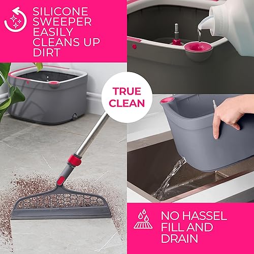 Miniatura 15 de True & Tidy True Clean - Sistema de trapeador giratorio y cubo, diseño de doble compartimento para agua limpia y sucia, cabezal giratorio de 360°