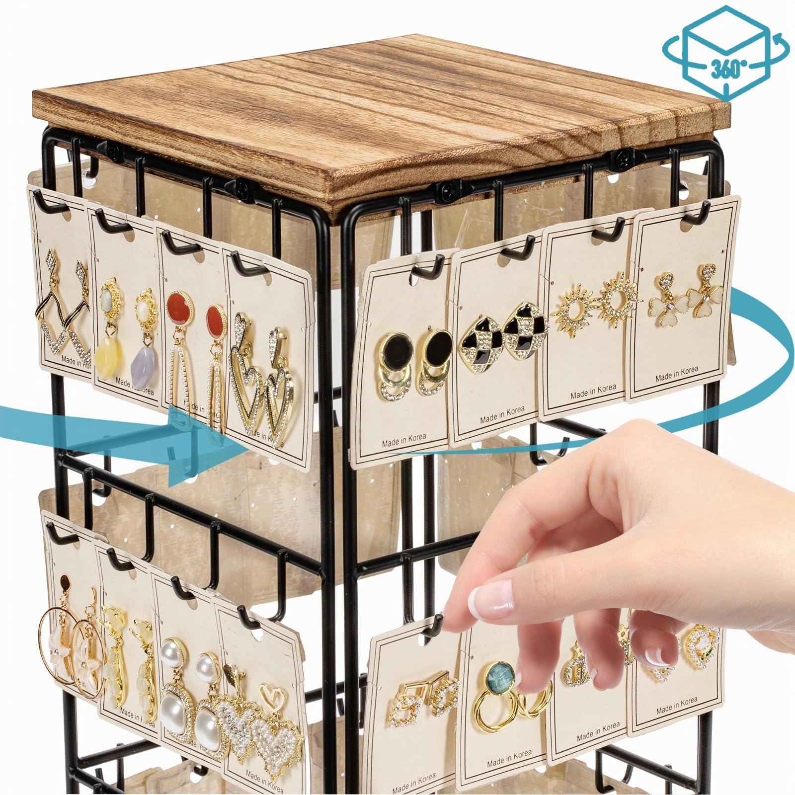 Organizer per orecchini, espositore girevole a 360°, espositore per orecchini a 3 strati, con 48 ganci, vassoio in legno, per orecchini, borchie (metallo e legno)