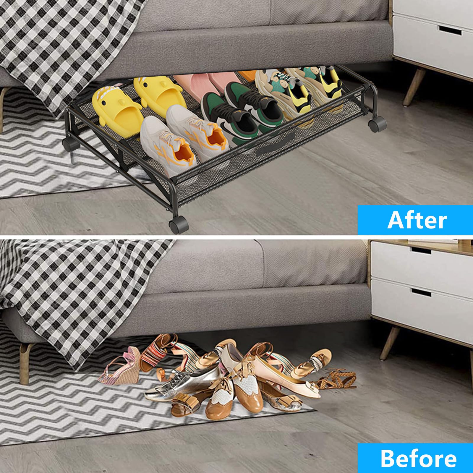 Cómoda de debajo de la cama con ruedas, 89 l, para debajo de la cama, para zapatos, marco de metal, almacenamiento de zapatos debajo de la cama con ruedas para ropa, zapatos, juguetes, libros
