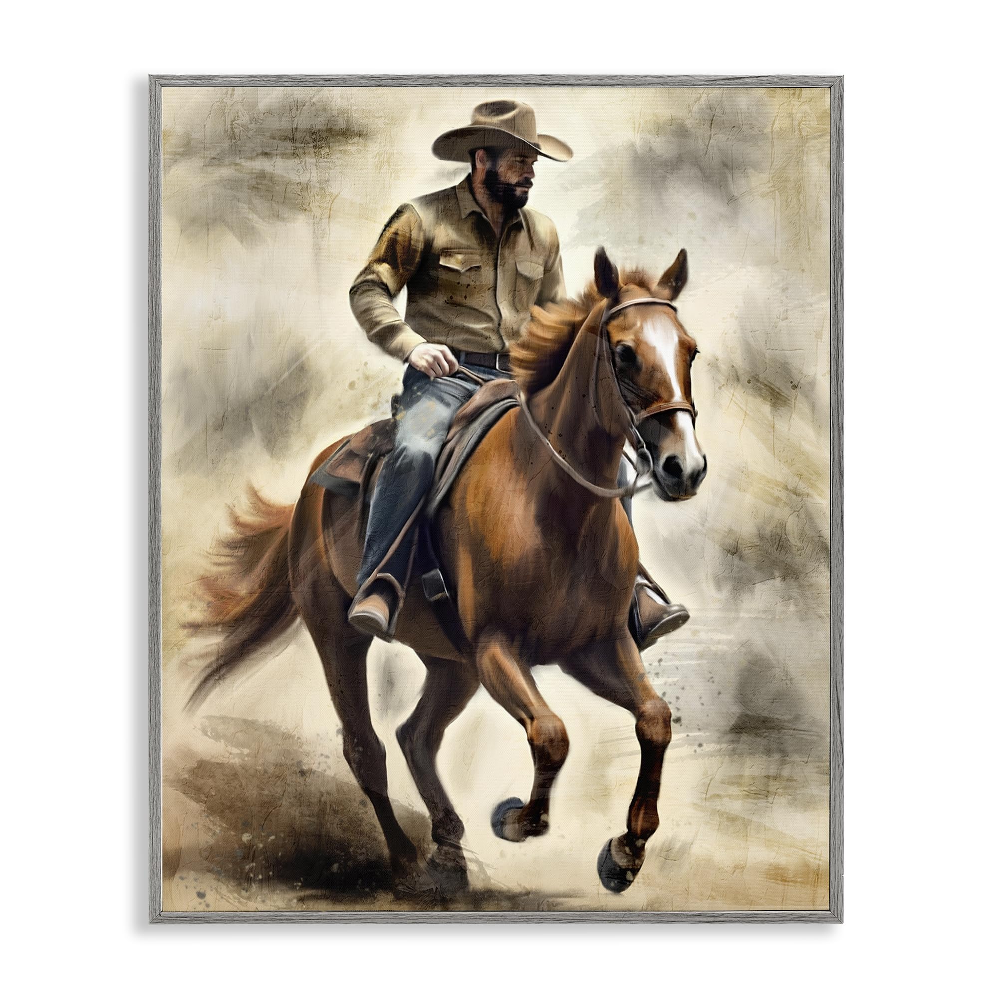 Stupell Industries Farmhouse Gray (Textured) 'Gallop Horse & Cowboy'| Framed Giclee Art
