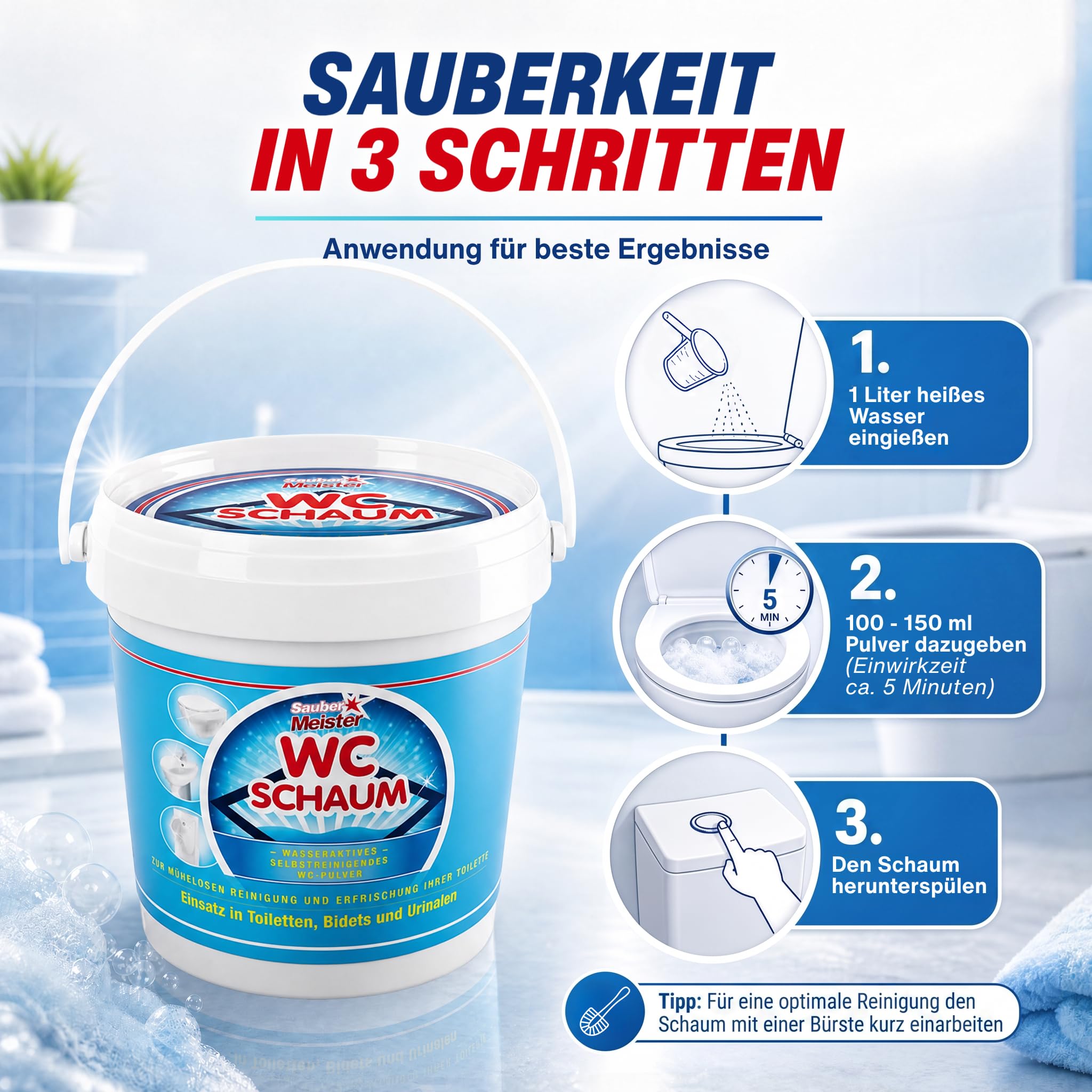 WC SCHAUMREINIGER PULVER – Extra starker WC Schaum für gründliche Sauberkeit – Kraftvoller WC-Reiniger gegen Kalk & Urinstein – Selbstreinigende Pulverform – 1000 g