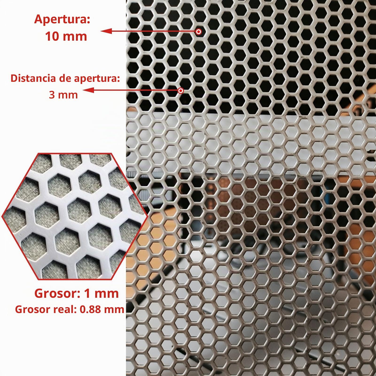 COYOUCO Chapa Perforada Acero Inoxidable 304 Hexagonal | Malla Metálica Decorativa | Panel para Rejilla Ventilación, Filtro, Muebles, Bricolaje & Exterior,Thick 1mm,50x50cm Dia 10mm