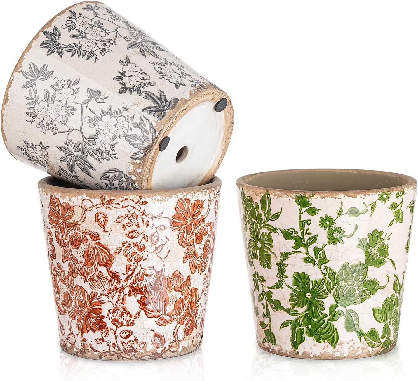 Sungmor Vintage Ceramic Planter Set of 3 - Decorative Indoor & Outdoor Flower Pots with Drainage Holes - Tuscan Décor Pots, 5.5" Ice Crackle Glaze Planters for Home, Kitchen, Patio, and Garden