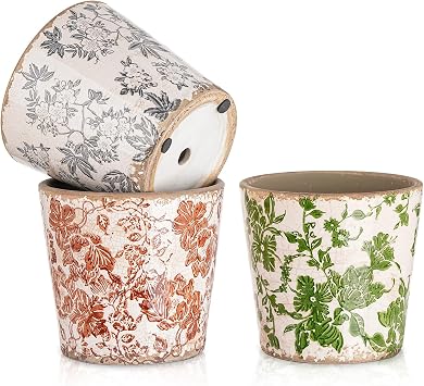 Sungmor Vintage Ceramic Planter Set of 3 - Decorative Indoor & Outdoor Flower Pots with Drainage Holes - Tuscan Decor Pots, 5.5" Ice Crackle Glaze Planters for Home, Kitchen, Patio, and Garden
