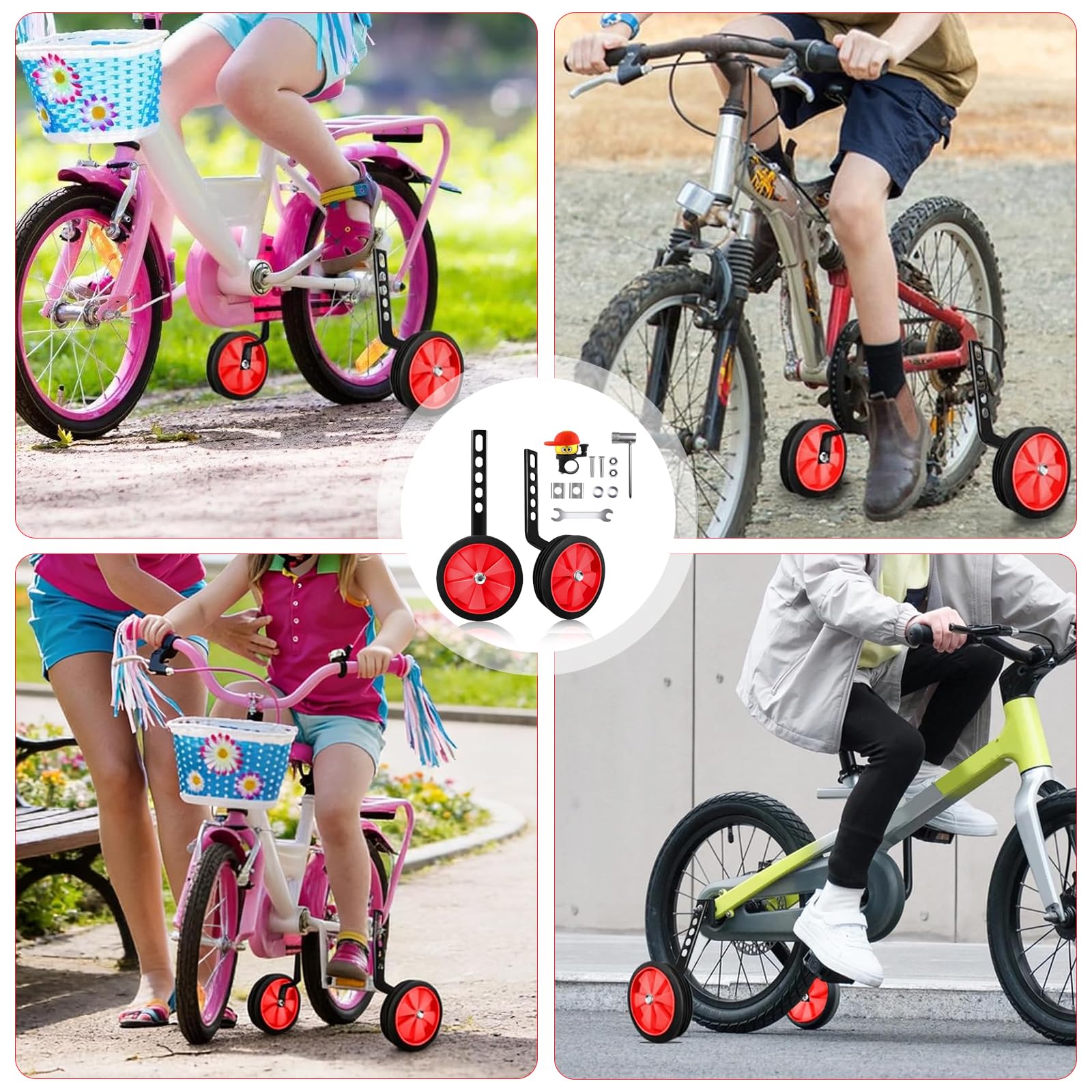 Ruote di supporto per bicicletta per bambini, stabili e sicure, regolabili da 30,5 a 50,8 cm, silenziose, antiscivolo, con luce, per principianti, per imparare all'aperto, colore rosso