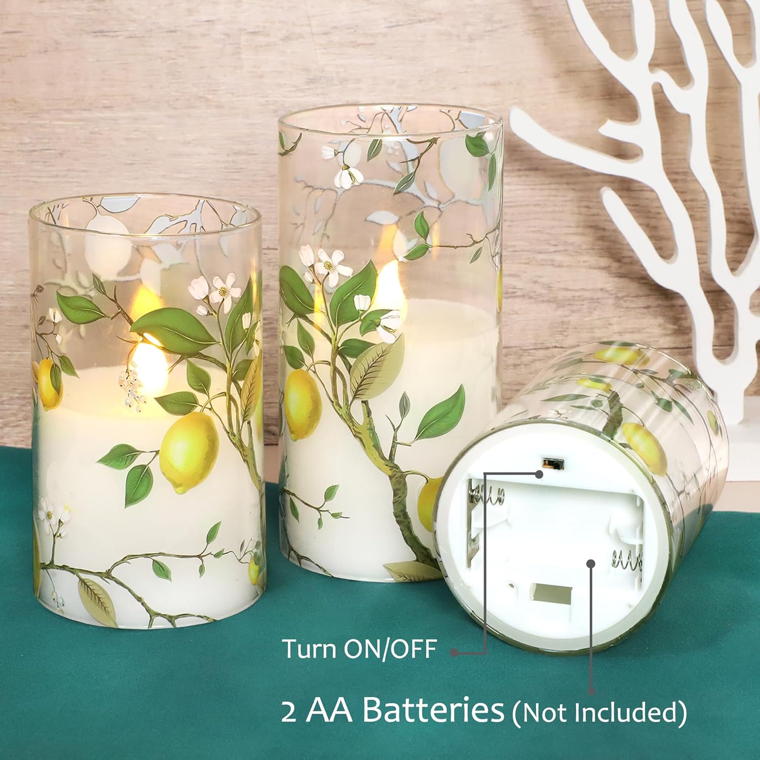 Lemon Decor Glass Flameless Candles, Flickering Battery Operated LED Real Wax Pillar Candles with Remote Timer for Holiday Spring Home Decorations, Set of 3