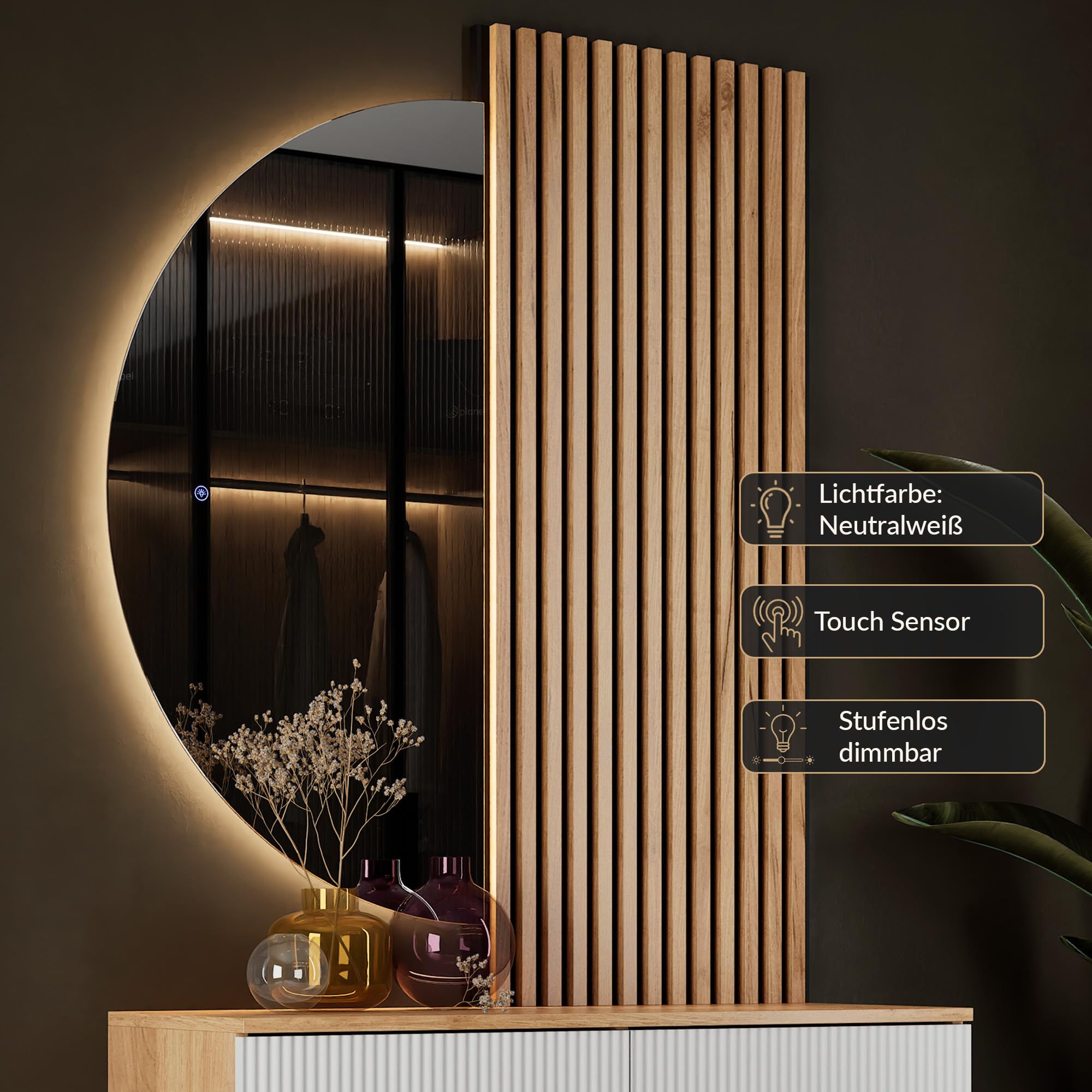 Planetmöbel Flurgarderobe Set Konsolentisch 100 cm inkl. Spiegel mit Beleuchtung halbrund 50 x 100 cm, 2X Akustikpaneele 120 x 50 cm, Flur Möbel modern, Gold Eiche/weiß