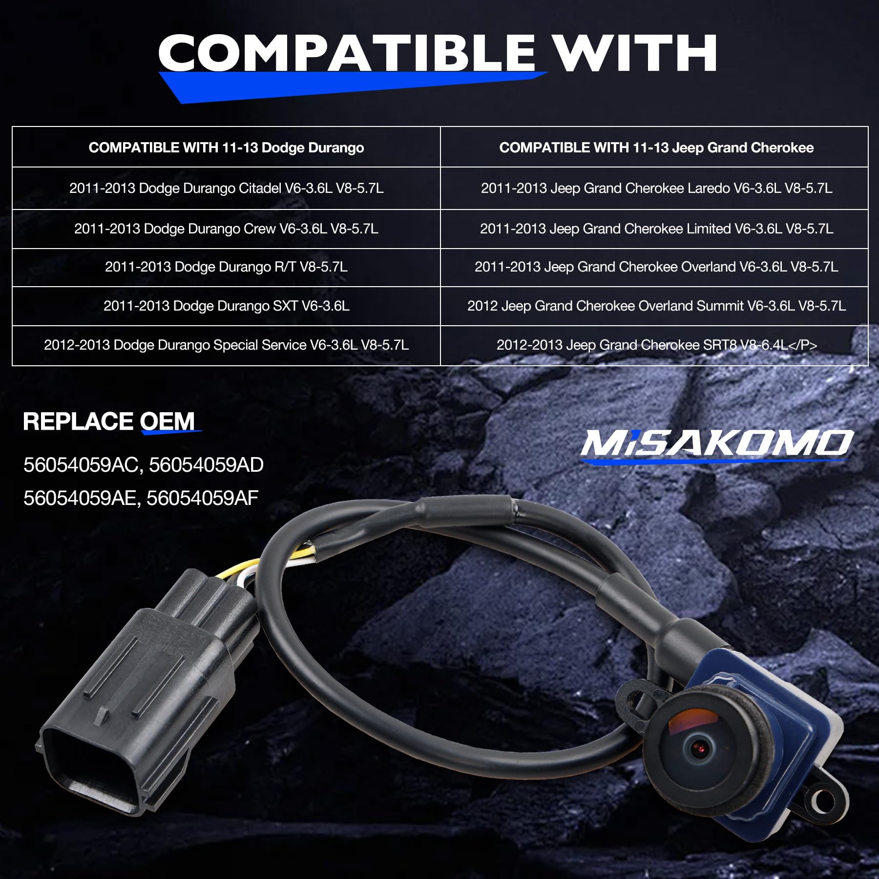 Backup Camera, Compatible with 2011-13 Jeep Grand Cherokee Dodge Durango Safety Reversing Parking Assist Reverse Cameras, Replace 56054059AC 56054059AD 56054059AE 56054059AF