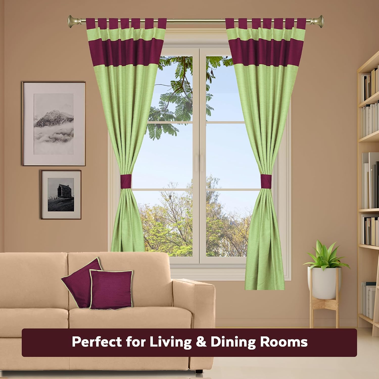 Elegant 6-Piece Silk Curtain & Cushion Set Two-Tone Olive Green, Tab Top Header style Machine Washable, 43"W x 108"L Panels, 2 Cushion Covers, Handcrafted Blended Raw Silk for Living & Dining Room