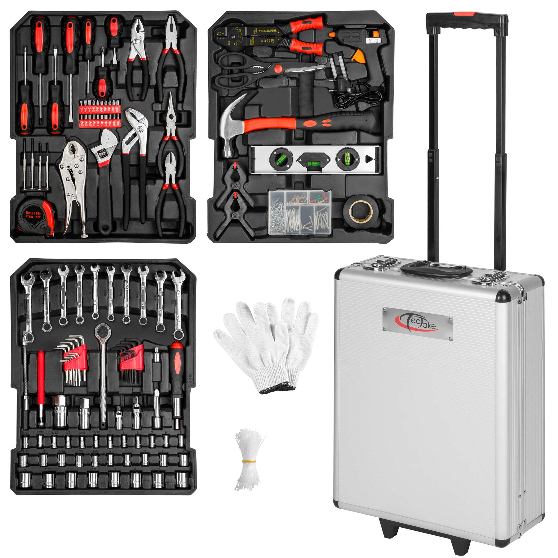 tectake® Maletín Herramientas Profesional con 799 Piezas, Carro Herramientas con Asa Telescópica, Caja Herramientas Completa con 3 Niveles, Carro de Herramientas Taller Mecánico, Bricolaje - plata