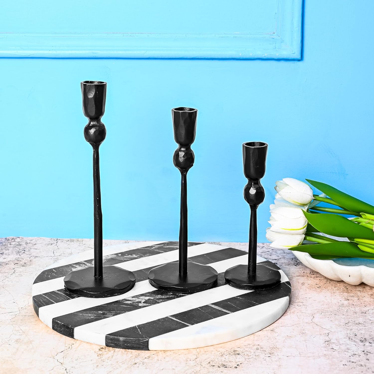 Perilla Home Metal Candle Holders Home Decor Candle Holder Taper Candles, Home Decor, Candlesticks -Black Candle Holder (Set of 3) 9.5" 8.25" 6.5" Candle Size- 0.86"