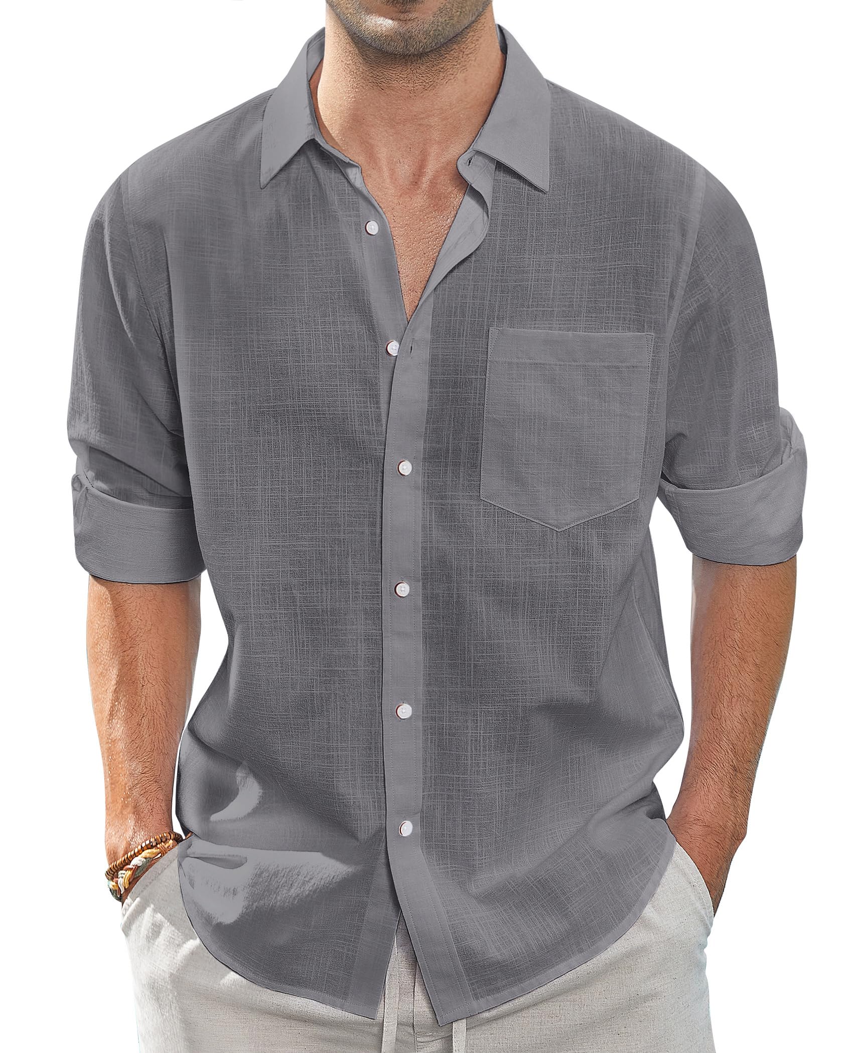 J.VER Leinenhemd Herren Langarm Leichtes Sommerhemd Einfarbig Business Freizeithemd Party Club Reisen Alltägliche Leinen Shirt mit Taschen