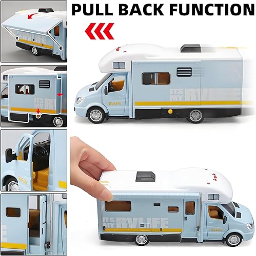 Miniatura 7 de Juguetes de autocaravanas para niños, autocaravana de juguete de metal fundido a presión con luz y sonido, edades 3-8 (Azul)