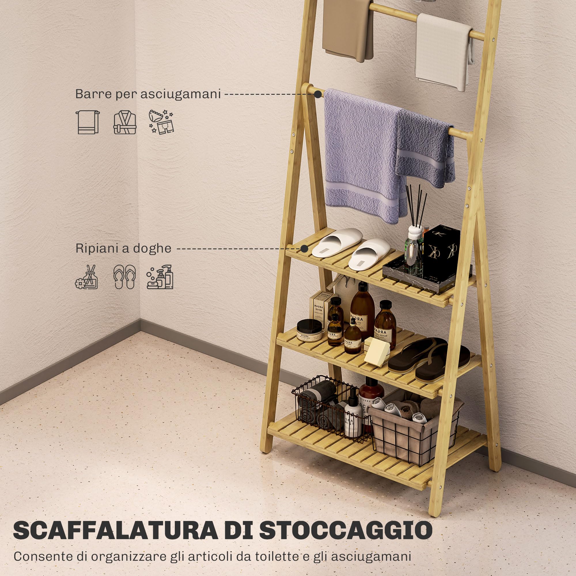 HOMCOM Scaffale Bagno con Porta Asciugamani, Mobile Bagno a 3 Ripiani con 3 Barre Portasciugamani Autoportante e Pieghevole, Legno di Bambù