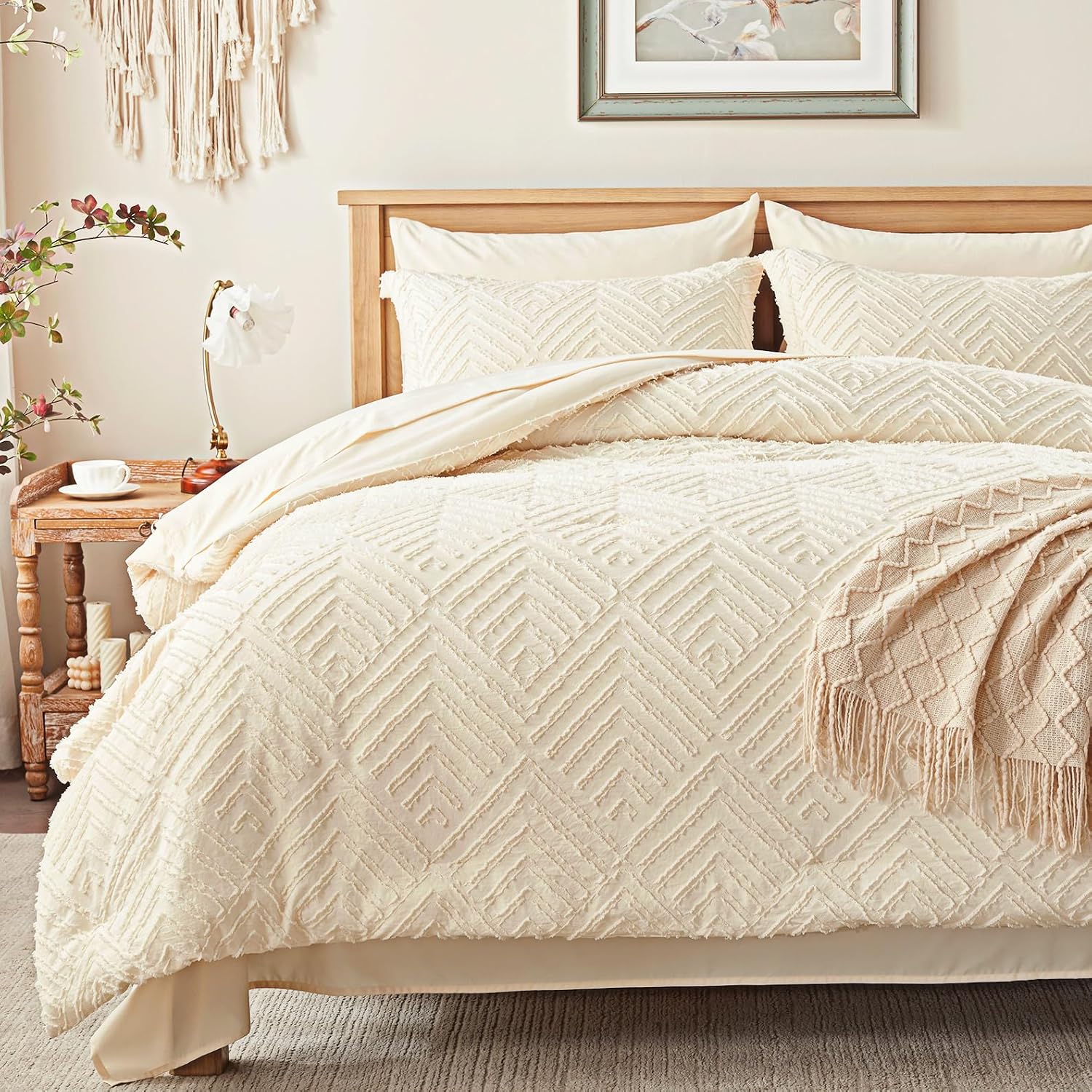 Zzlpp King Size Comforter Set 7 Piece, Cream Bed in a Bag King Bedding Sets