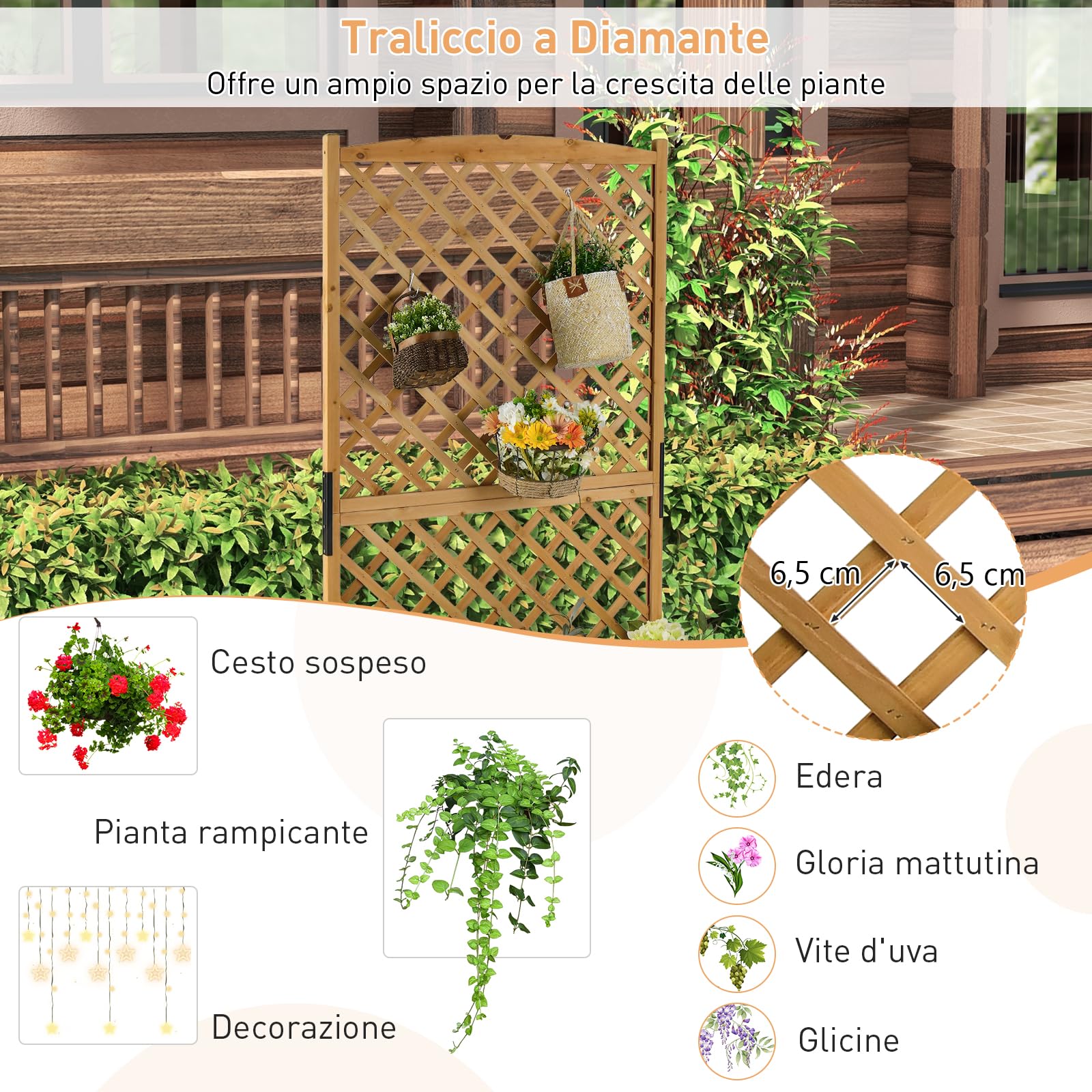 RELAX4LIFE Fioriera da Esterno con Spalliera in Legno, Aiuola Rialzata con Grigliato, Porta Vasi di Fiori e Rampicanti per Giardino/Balcone/Terrazza (Arancione)