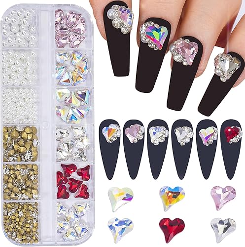 12 rejillas 3D de diamantes de imitación de uñas en forma de corazón de durazno para uñas acrílicas, perlas redondas de tamaño mixto, diamantes de