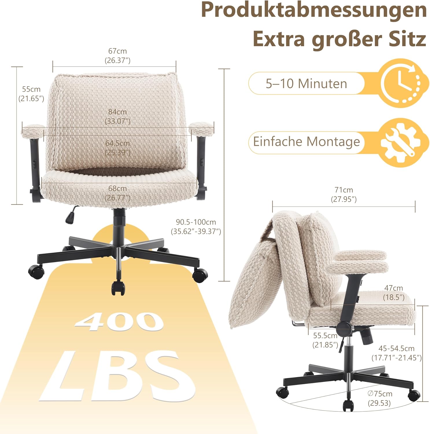 Fizzin Criss Cross Chair,Cross Legged Chair with Wheels and Arms,27" Extra Wide Seat Office Desk Chair with Flipable Back Cushion,Mid Back Beige Swivel Chair for Home Office,Bedroom Vanity(Beige)