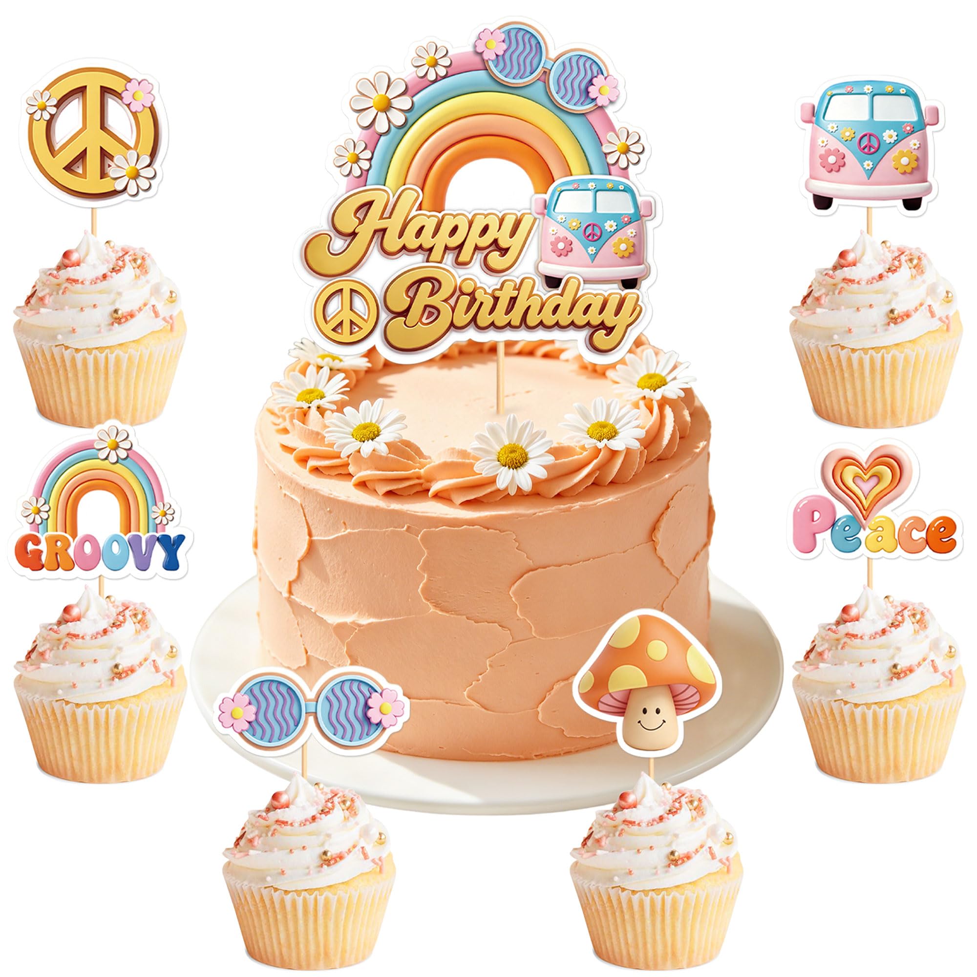 Blumomon 25Pcs Groovy Hippie Cake Topper Retro Rainbow Peace Sign Bus Mushroom Sunglasses Cake Picks for 70s Boho Girls Birthday Baby Shower Party Cake Decor Supplies