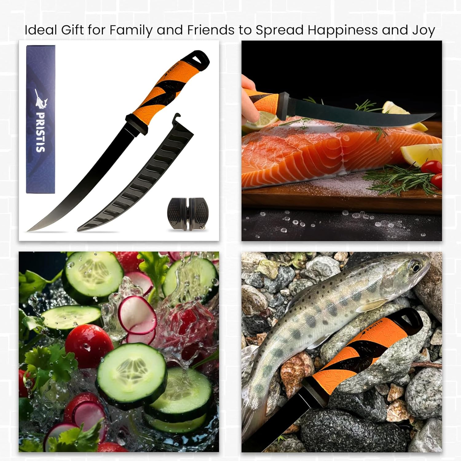 Pristis 9'' Fillet Knife for Fish, Stainless Steel Teflon Coated Blade with Non-Slip Grip Handle, Filet Knife Tackle with Protective Sheath and Sharpener for Fishing Boning Meat Cutting Kitchen