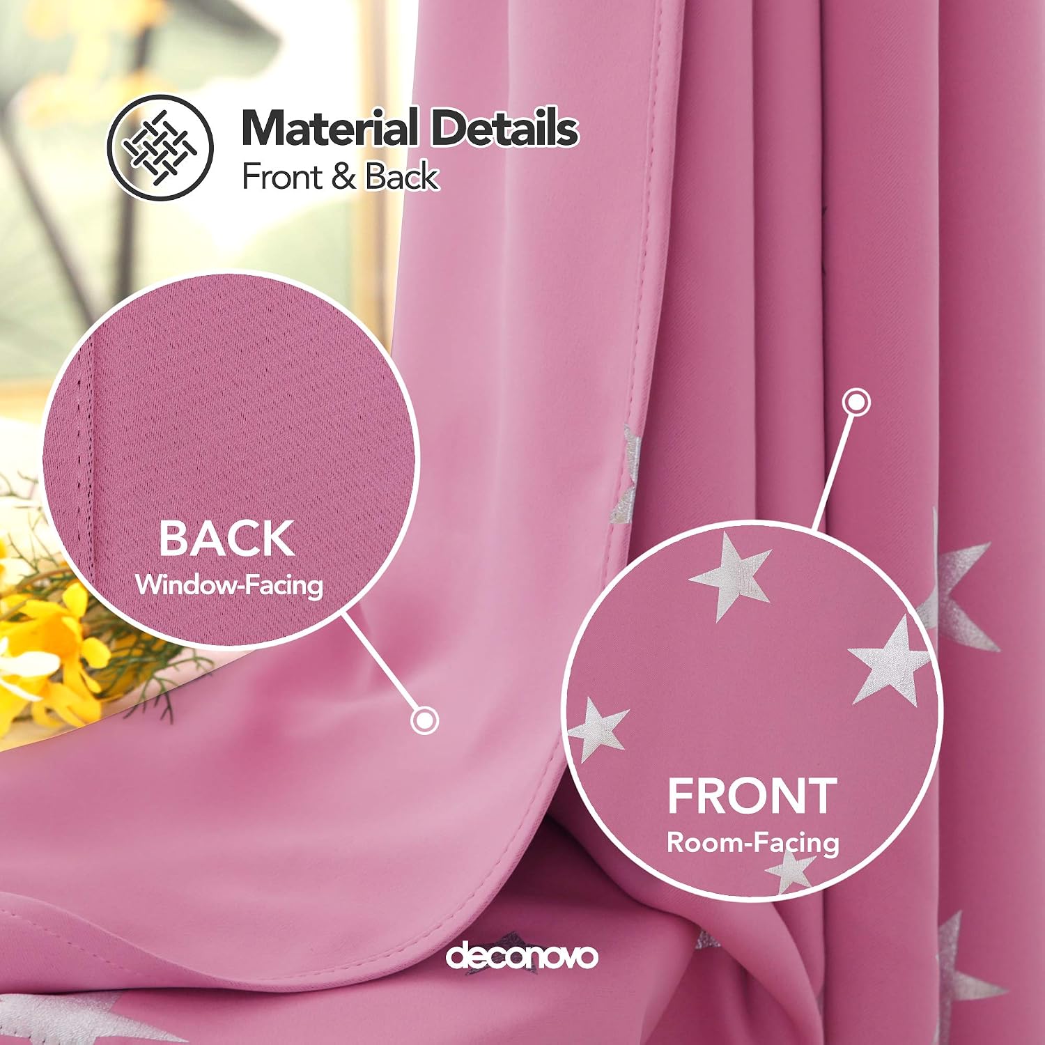 Deconovo Solid Thermal Insulated Blackout Curtains with Silver Star Pattern 38 x 63 Inch Pink 2 Panels